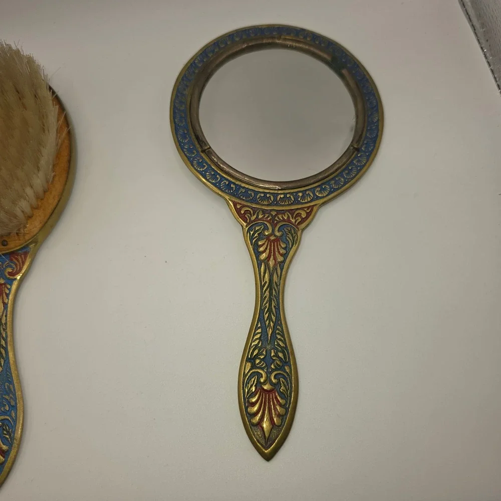 Vintage Brass Parthenon Greece Hand Mirror and Hair Brush Vanity Set Ornate